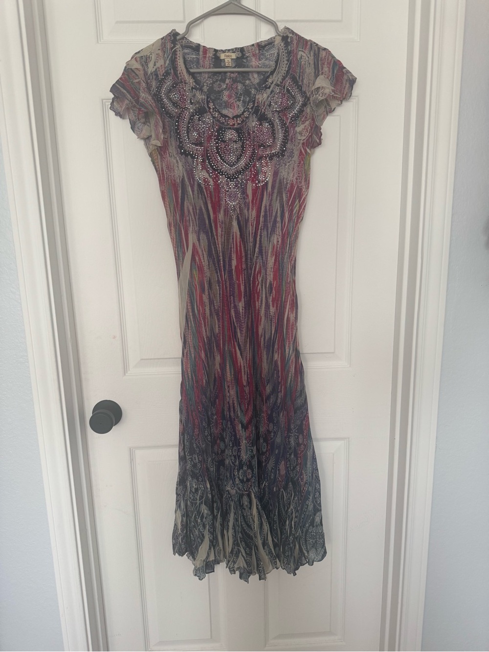 Reba Multicolor Red and Blue Boho Maxi Dress with Beaded Neckline